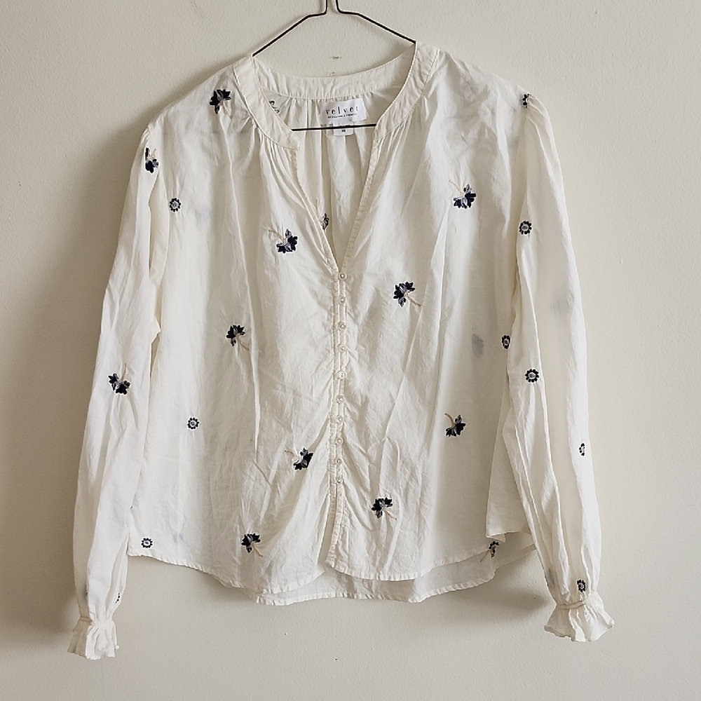 Velvet By Graham & Spencer White Floral Embroidered Blouse 100 Cotton Nautical